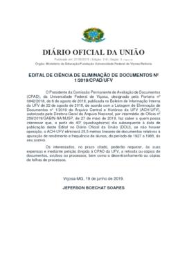 Edital de ciência de eliminação de documentos nº 1/2019/CPAD/UFV